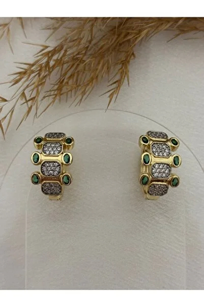 14K Altın Kaplama Zümrüt Yeşili Taşlı Vintage Halka Küpe