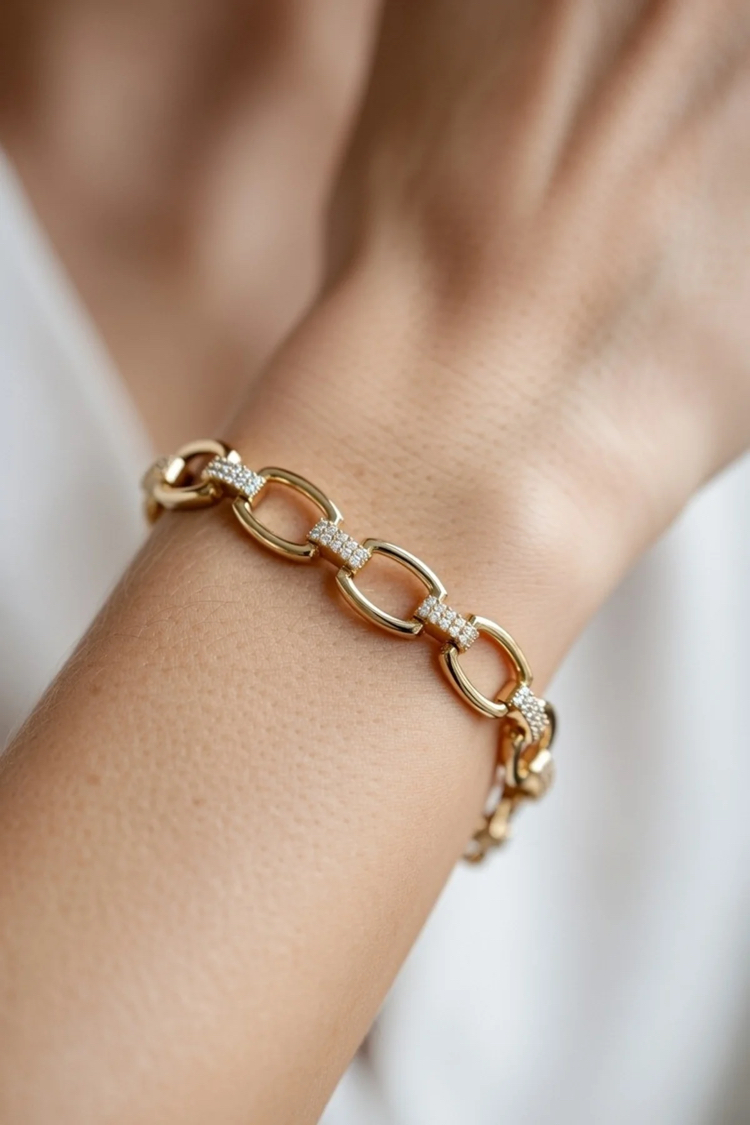 14K Altın Kaplama Zirkon Taş Detaylı Oval Zincir Gold Bileklik