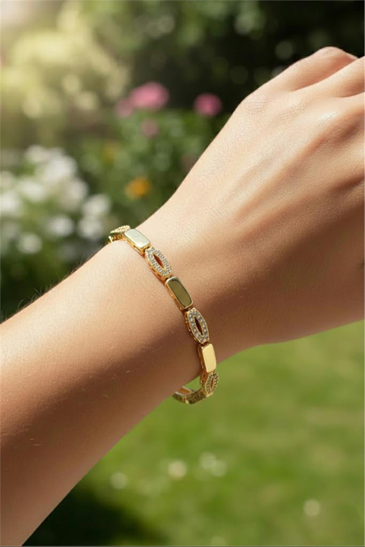 14K Altın Kaplama Zirkon Taşlı Geometrik Gold Bileklik