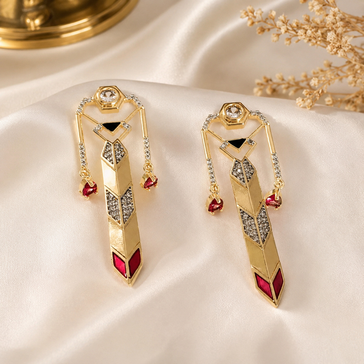14K Altın Kaplama Çelik Art Deco Bordo Taşlı Uzun Küpe