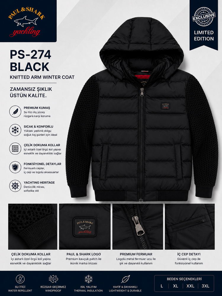 PAUL & SHARK Black Çelik Dokuma Kollu Kışlık Mont
