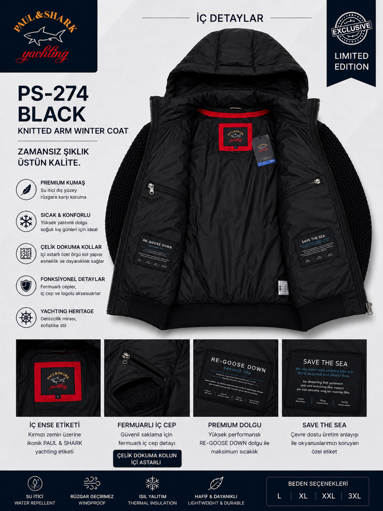 PAUL & SHARK Black Çelik Dokuma Kollu Kışlık Mont