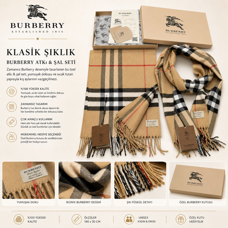 Burberry Klasik Ekose Premium Atkı & Şal – Bej