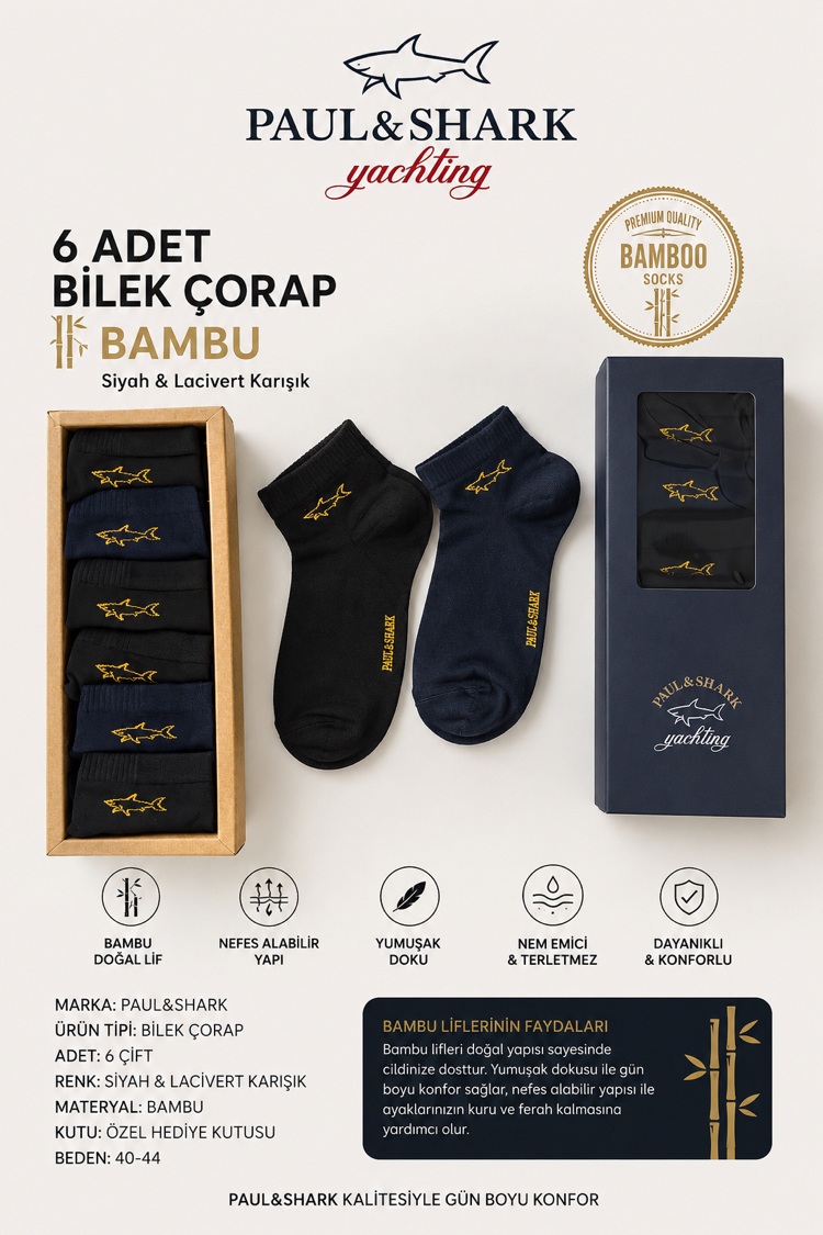 PAUL&SHARK Yachting 6’lı Bambu Bilek Çorap Seti (Kutulu) 