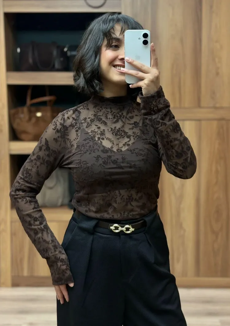 Kahve Küçük Çiçek Desenli Transparan Uzun Kollu Bluz