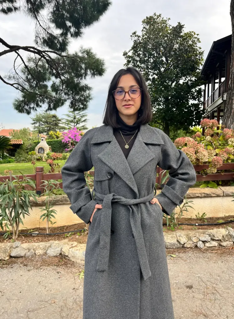 Çift Düğmeli Kemerli Kaşe Kaban - GRİ
