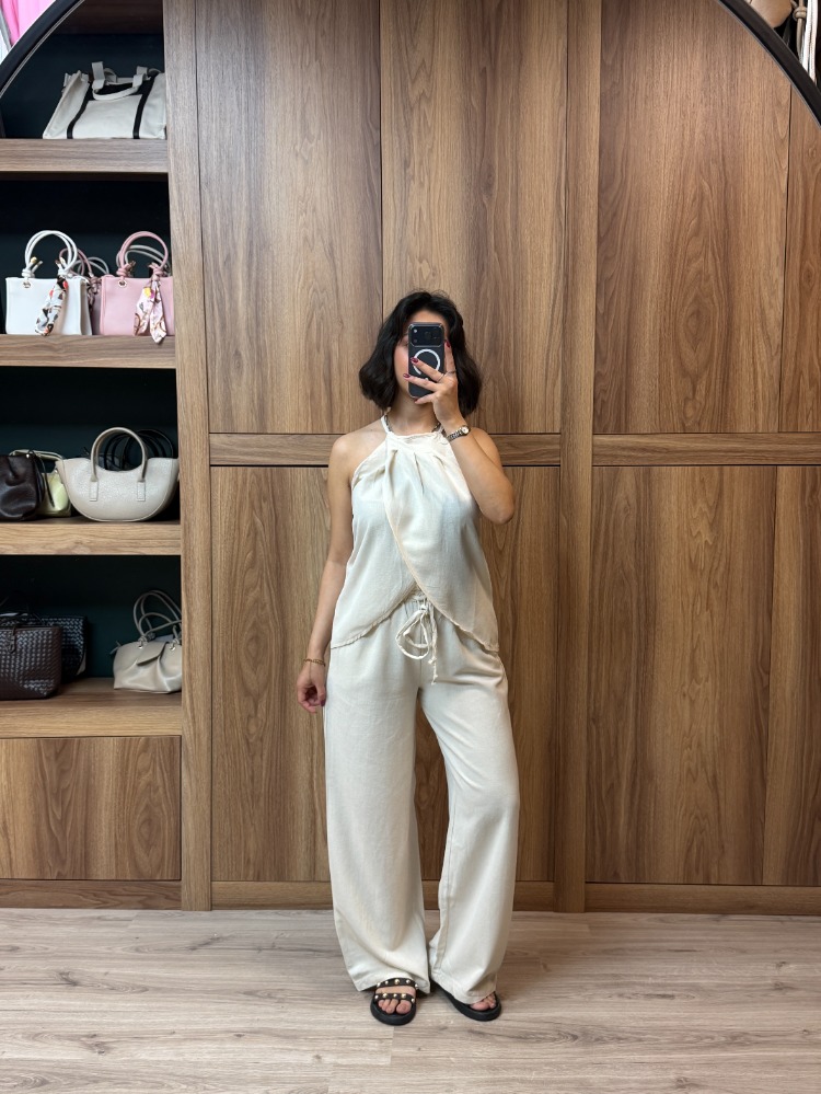 Keten Dokulu Bluz Pantolon Takım - NATUREL