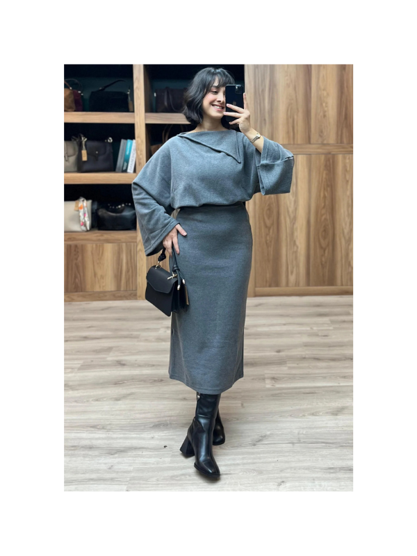Devrik Yakalı Etekli Selanik Takım - ANTRASİT