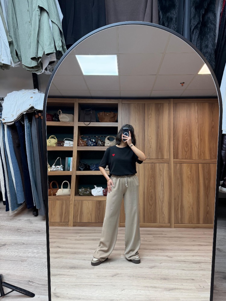 Beli Lastik Ve İp Bağlamalı Bol Paça Tensel Pantolon - VİZON