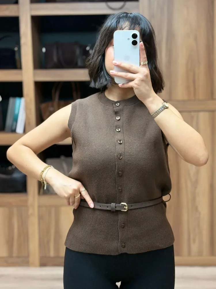 İnce Kemerli Triko Basic Yelek - KAHVERENGİ