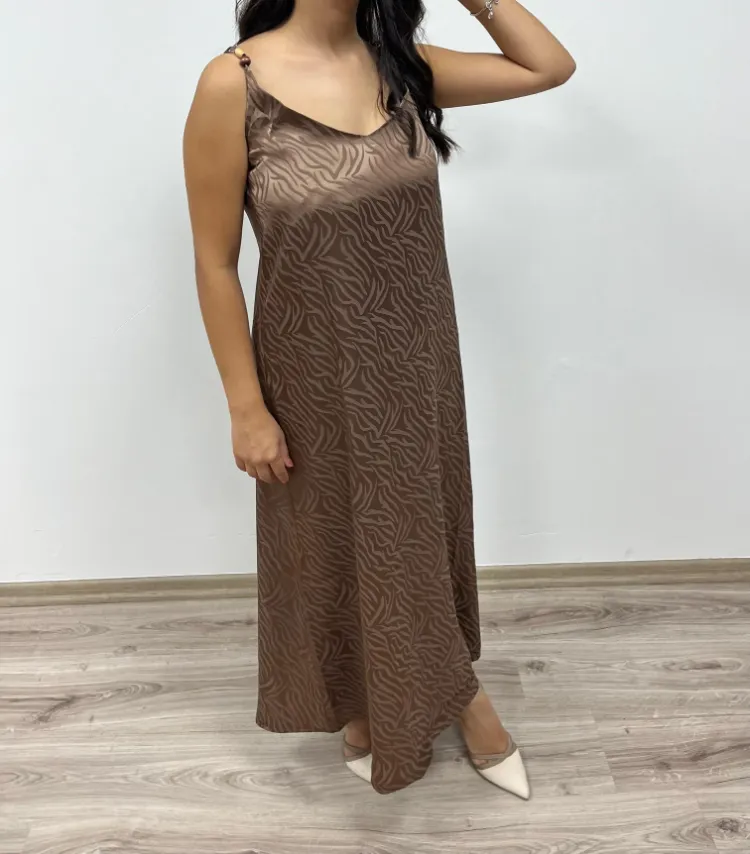 Zebra Desenli Saten Elbise - KAHVE