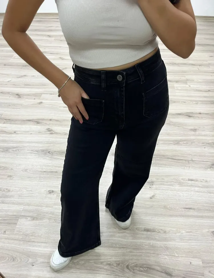 Bol Paça Yüksek Bel Denim Pantolon - SİYAH