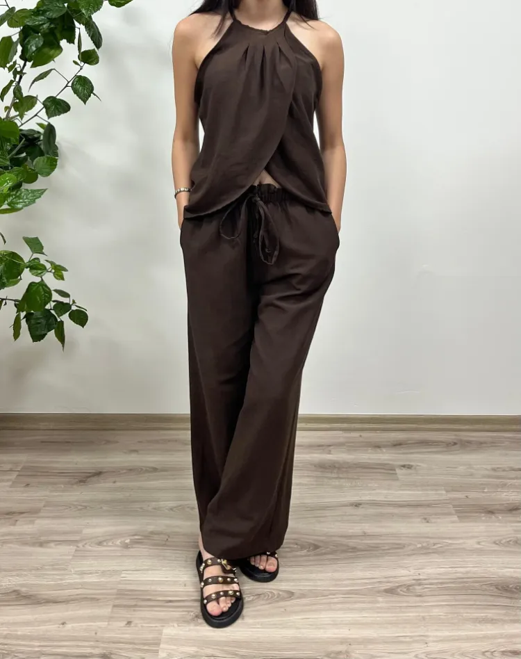 Keten Dokulu Bluz Pantolon Takım - KAHVERENGİ
