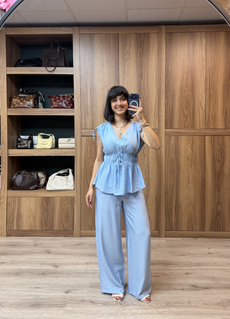 Bel Lastik Detay Çilek Bluz Pantolon Takımı - MAVİ