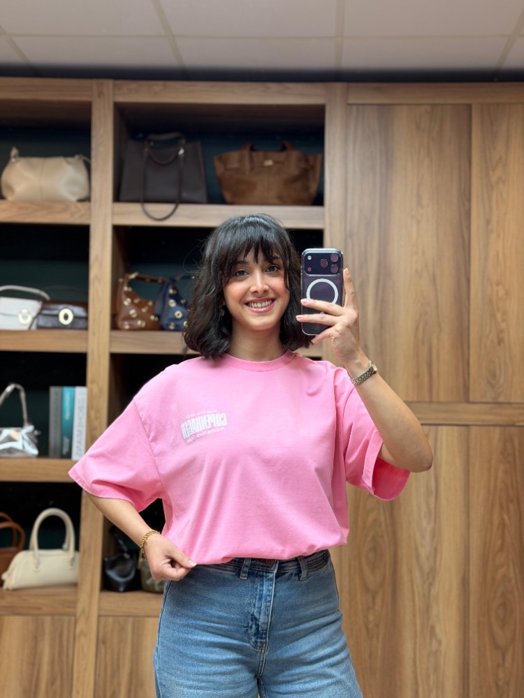 Bisiklet Yaka Oversize Baskılı Tişört- Pembe
