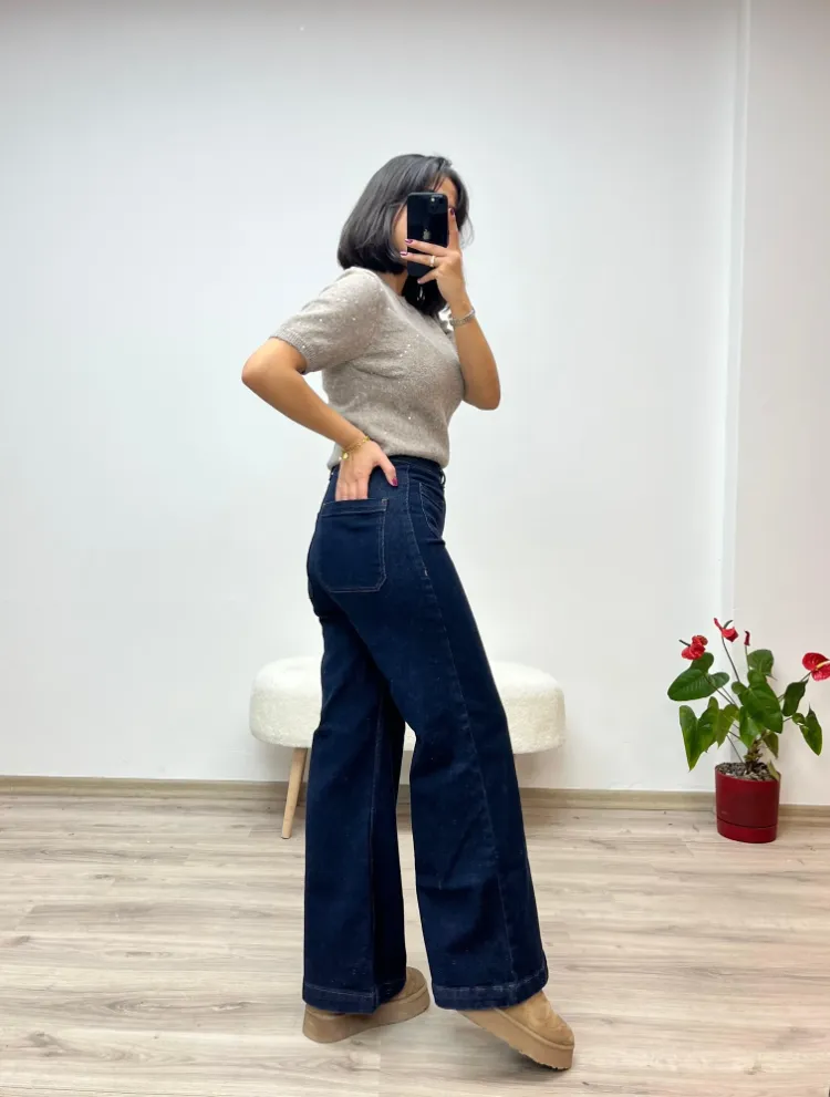 Bol Paça Yüksek Bel Denim Pantolon - KOYU MAVİ