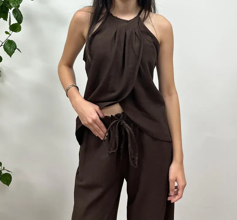 Keten Dokulu Bluz Pantolon Takım - KAHVERENGİ
