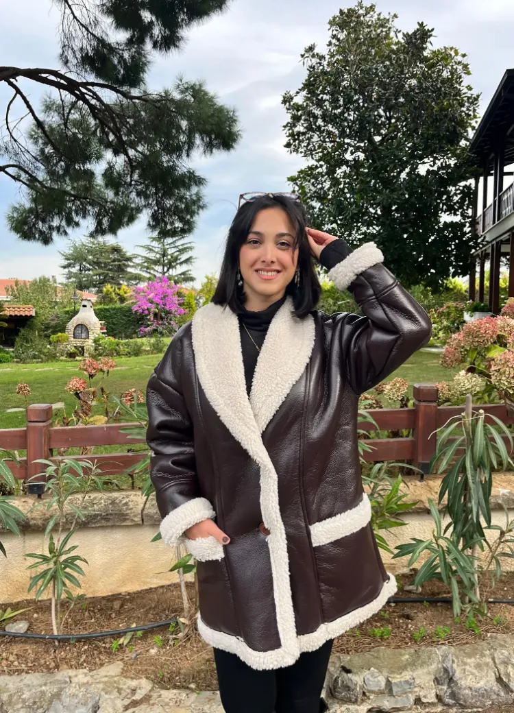 Kahve İçi Kürklü Deri Kaban