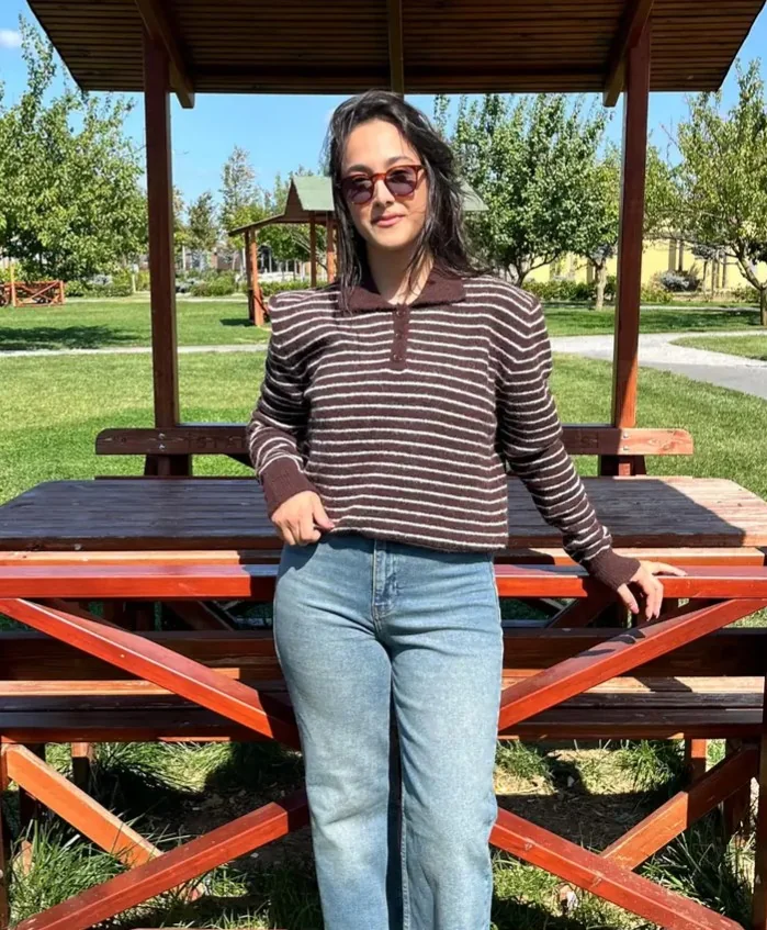 Çizgili Polo Yaka Kazak - KAHVERENGİ