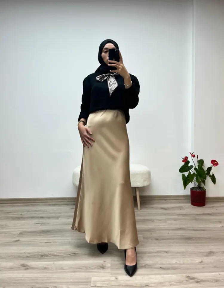 VAZIRADK Çam Kesim Lastikli Saten Uzun Etek - CAMEL