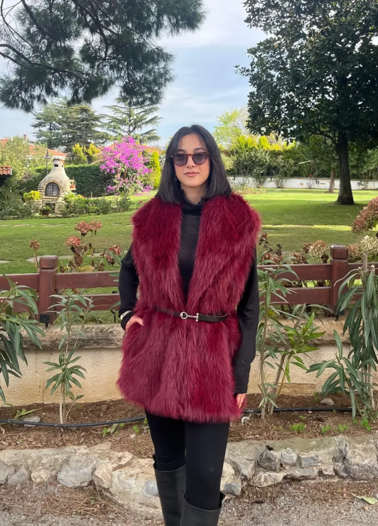 Kemerli Kürk Yelek - BORDO