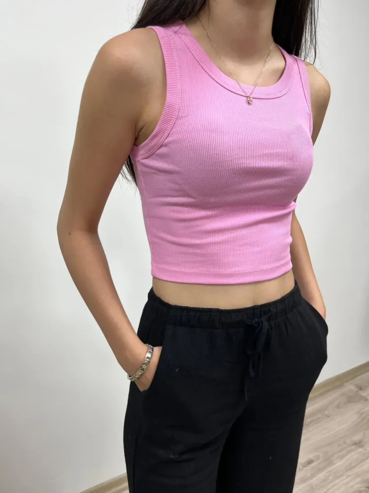 Pamuklu Ribana Crop Atlet - PEMBE