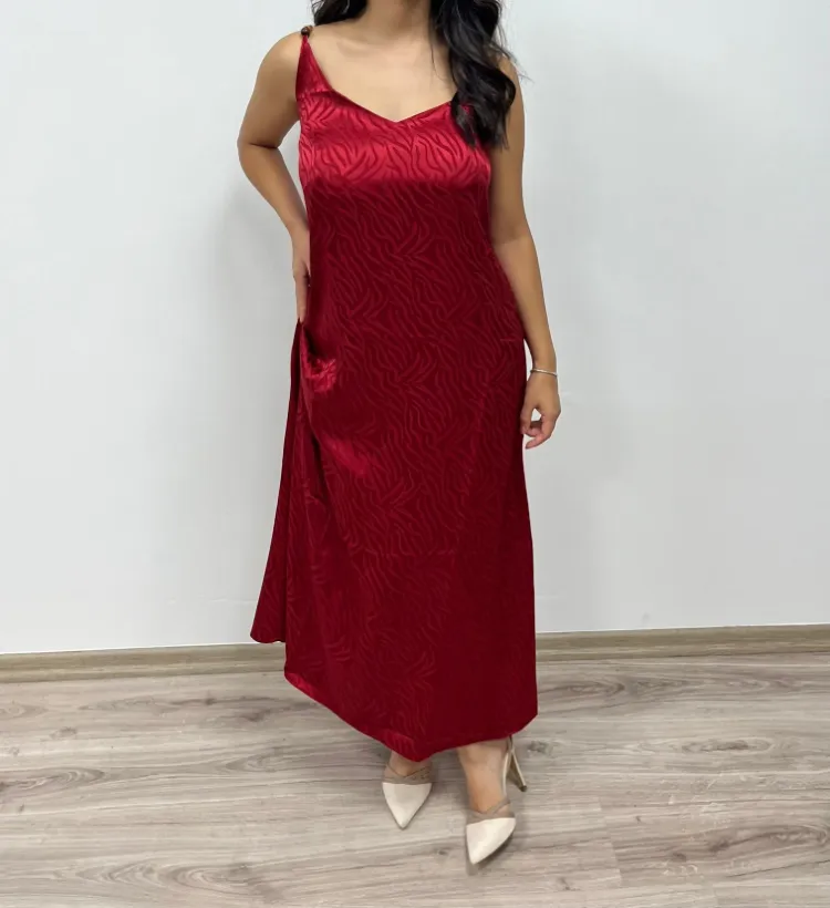 Zebra Desenli Saten Elbise - BORDO