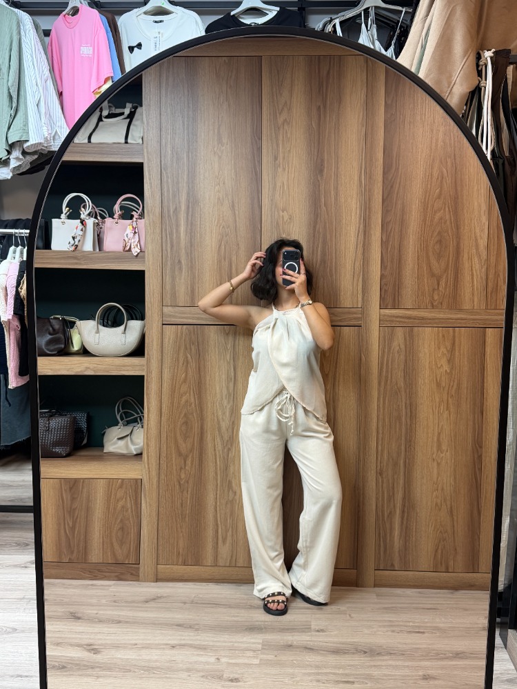 Keten Dokulu Bluz Pantolon Takım - NATUREL