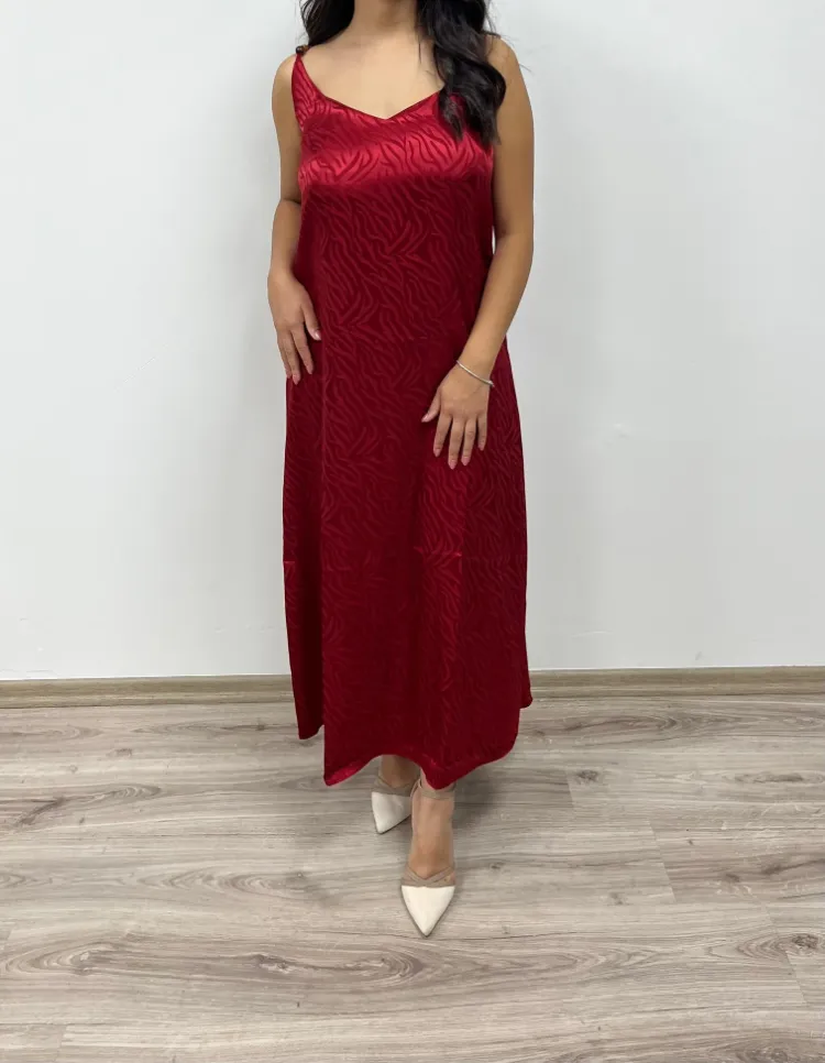 Zebra Desenli Saten Elbise - BORDO
