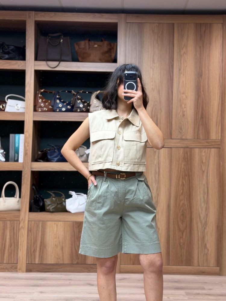 Beli Kemerli Licralı Gabardin Midi Boy Şort - HAKİ