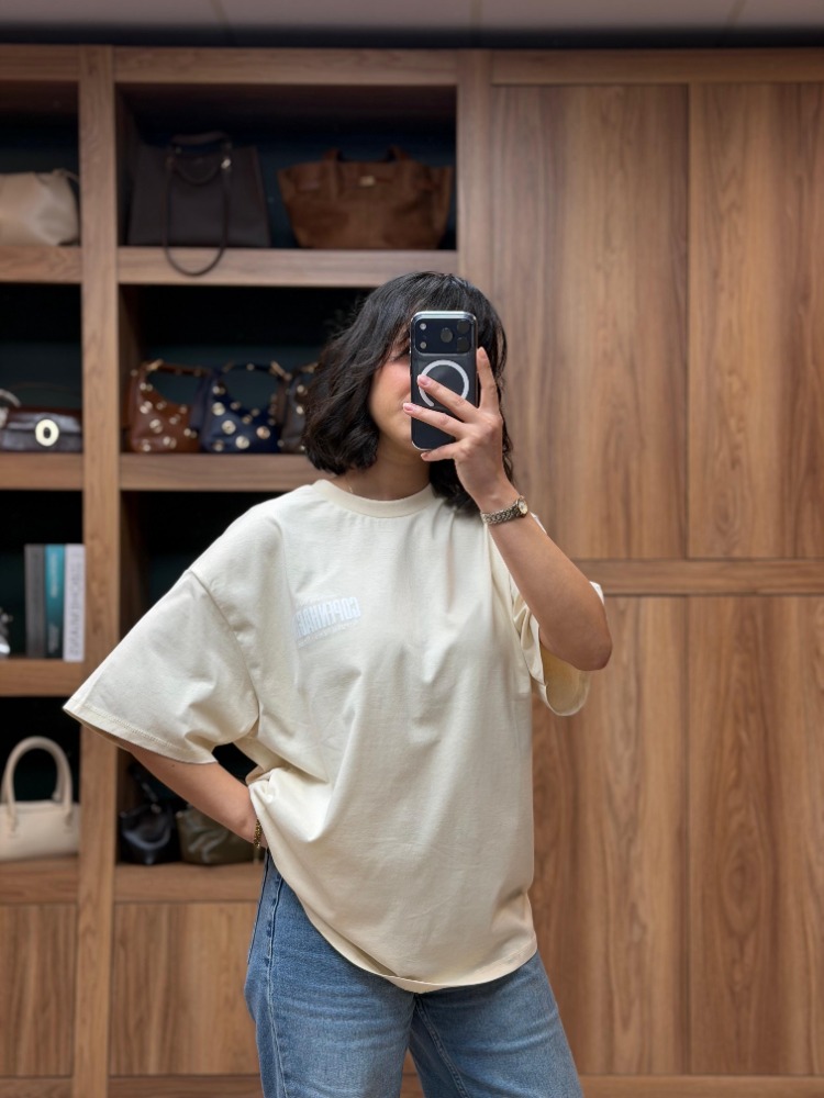 Bisiklet Yaka Oversize Baskılı Tişört - Krem