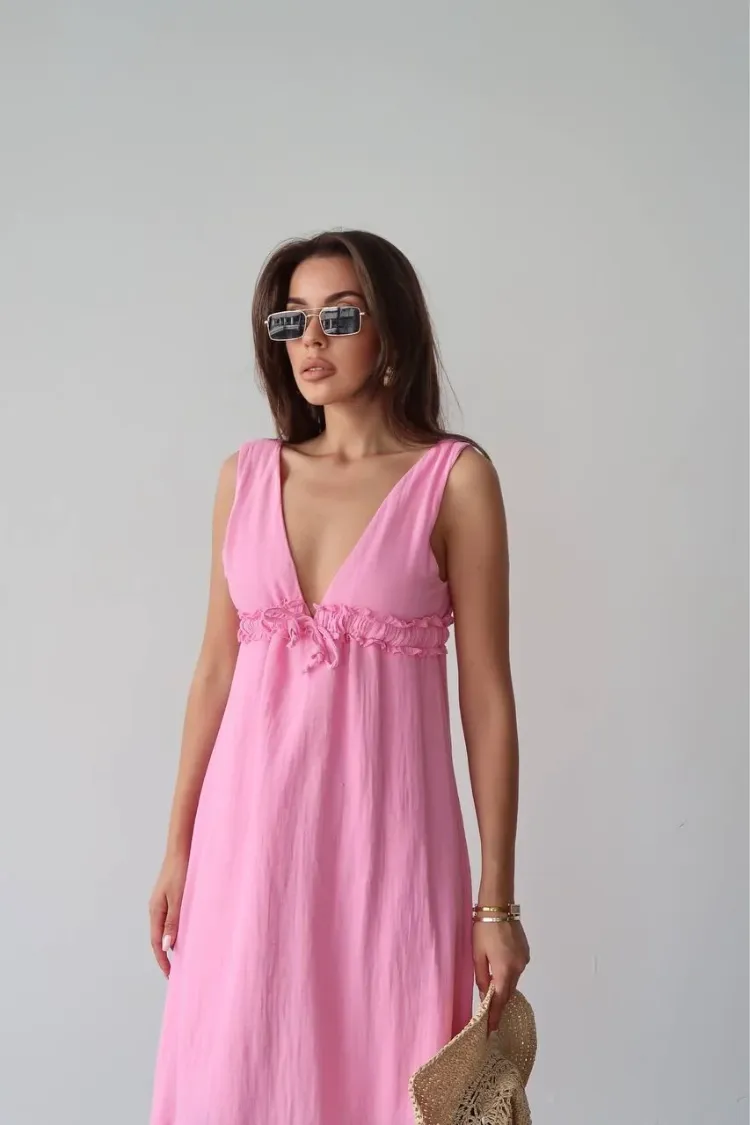 V Yaka Müslin Elbise - PEMBE