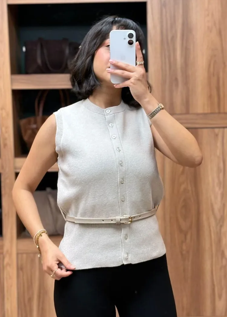 İnce Kemerli Triko Basic Yelek - TAŞ