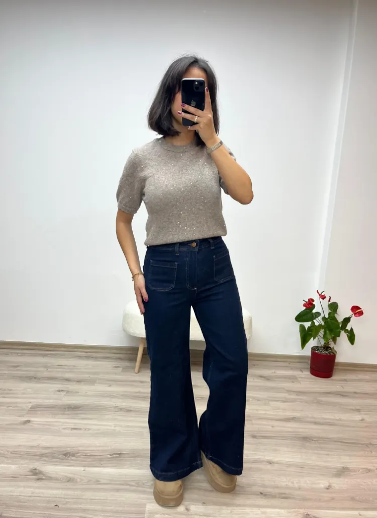 Bol Paça Yüksek Bel Denim Pantolon - KOYU MAVİ