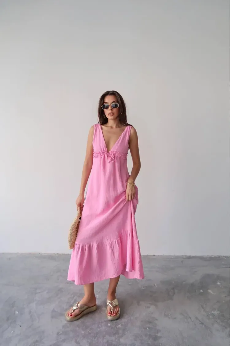 V Yaka Müslin Elbise - PEMBE