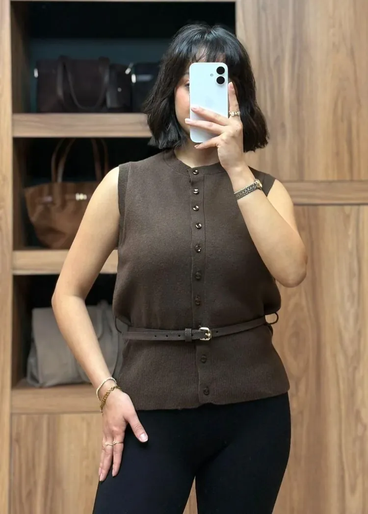 İnce Kemerli Triko Basic Yelek - KAHVERENGİ
