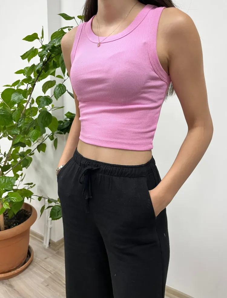 Pamuklu Ribana Crop Atlet - PEMBE