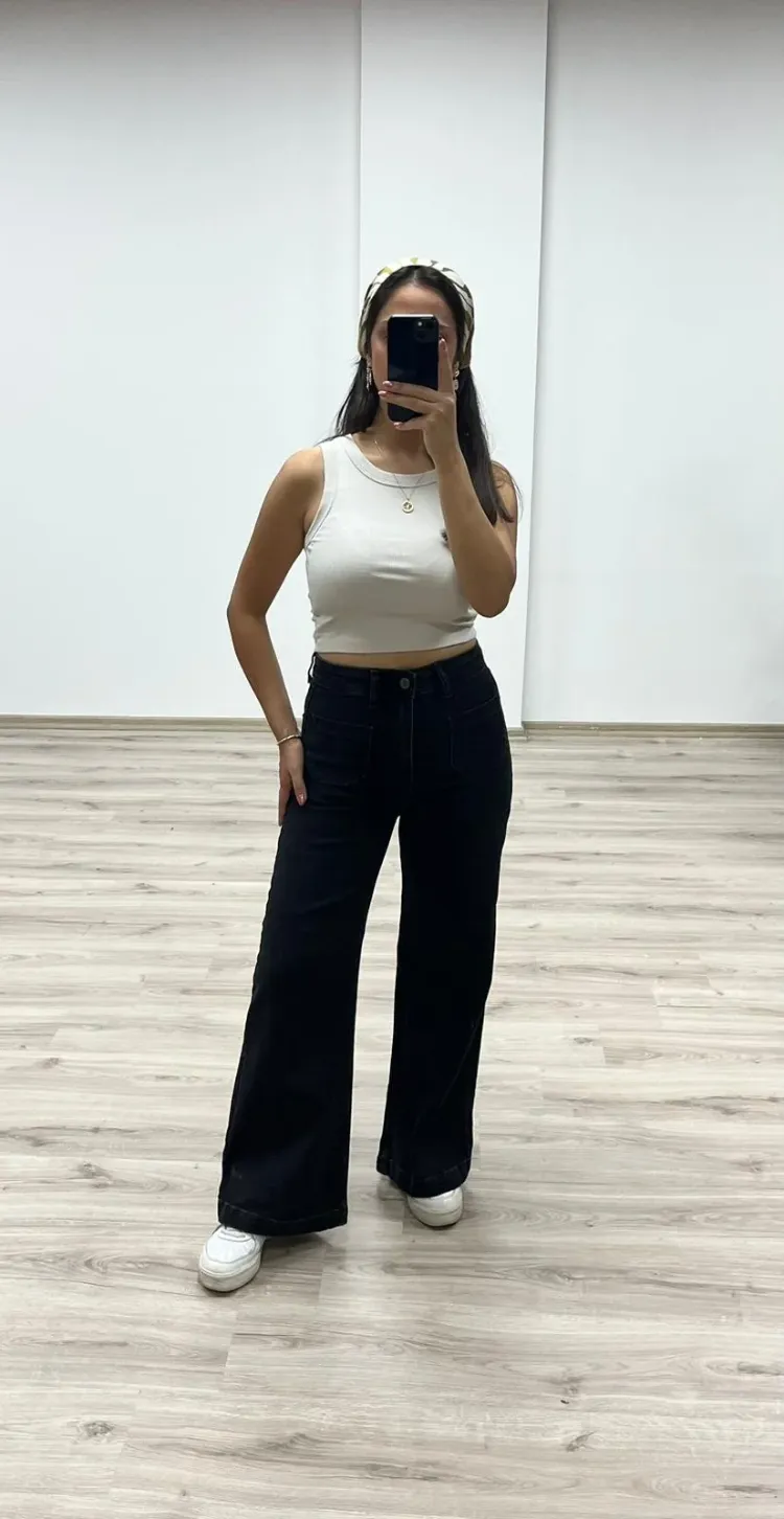 Bol Paça Yüksek Bel Denim Pantolon - SİYAH