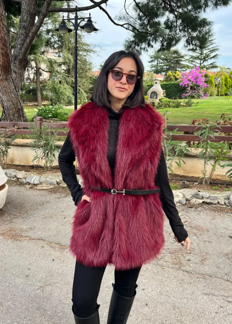 Kemerli Kürk Yelek - BORDO