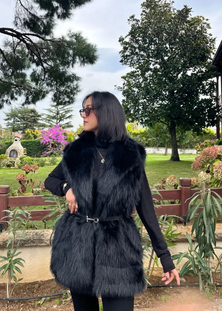 Kemerli Kürk Yelek - SİYAH