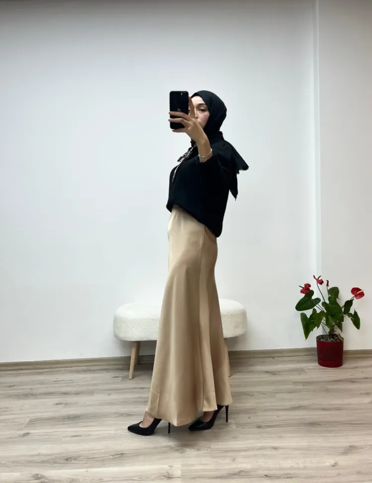 VAZIRADK Çam Kesim Lastikli Saten Uzun Etek - CAMEL