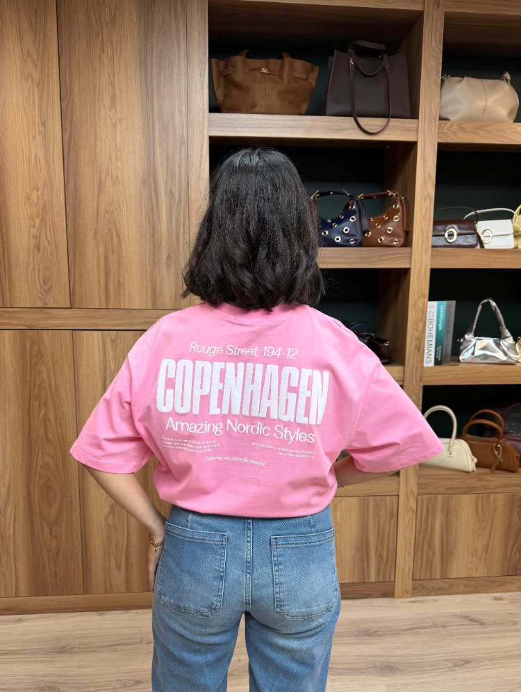 Bisiklet Yaka Oversize Baskılı Tişört- Pembe