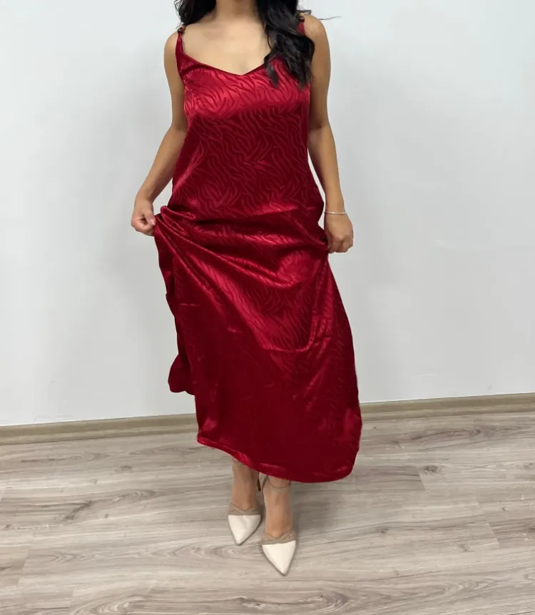 Zebra Desenli Saten Elbise - BORDO