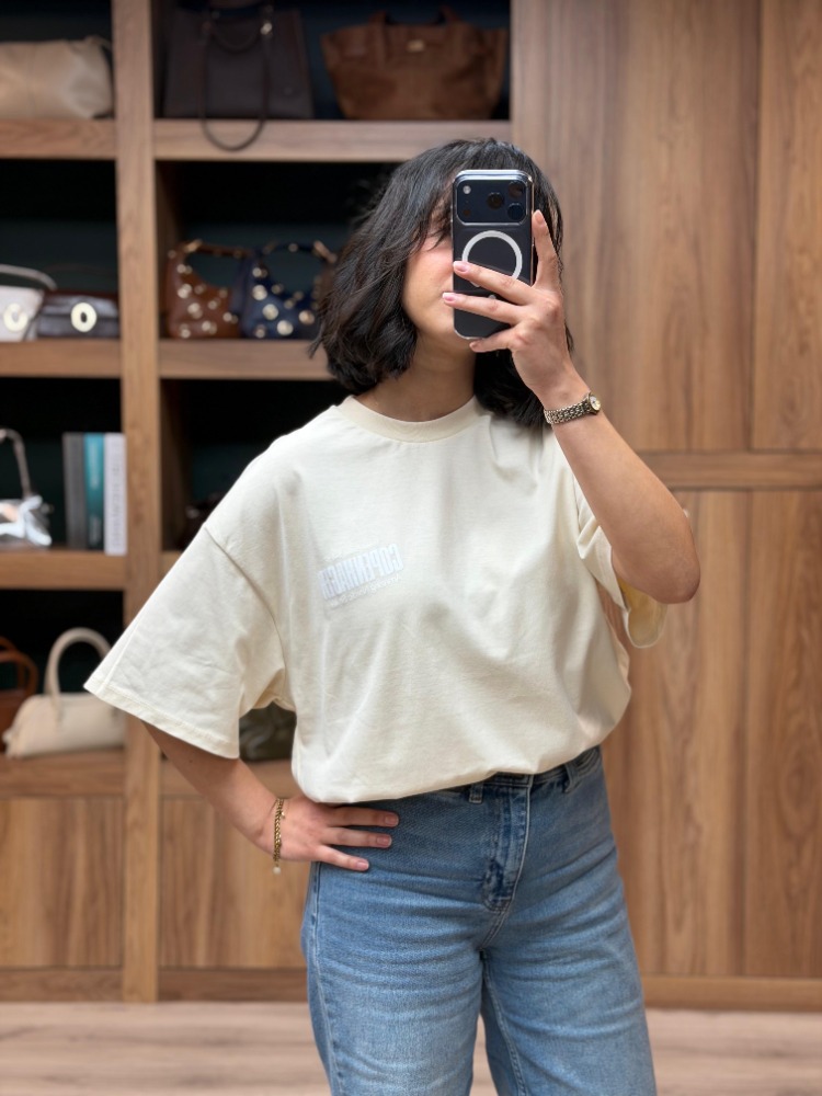 Bisiklet Yaka Oversize Baskılı Tişört - Krem