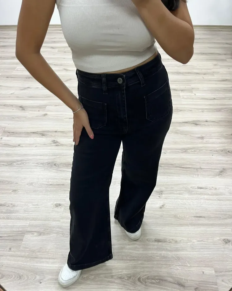 Bol Paça Yüksek Bel Denim Pantolon - SİYAH