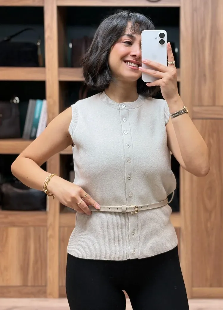 İnce Kemerli Triko Basic Yelek - TAŞ