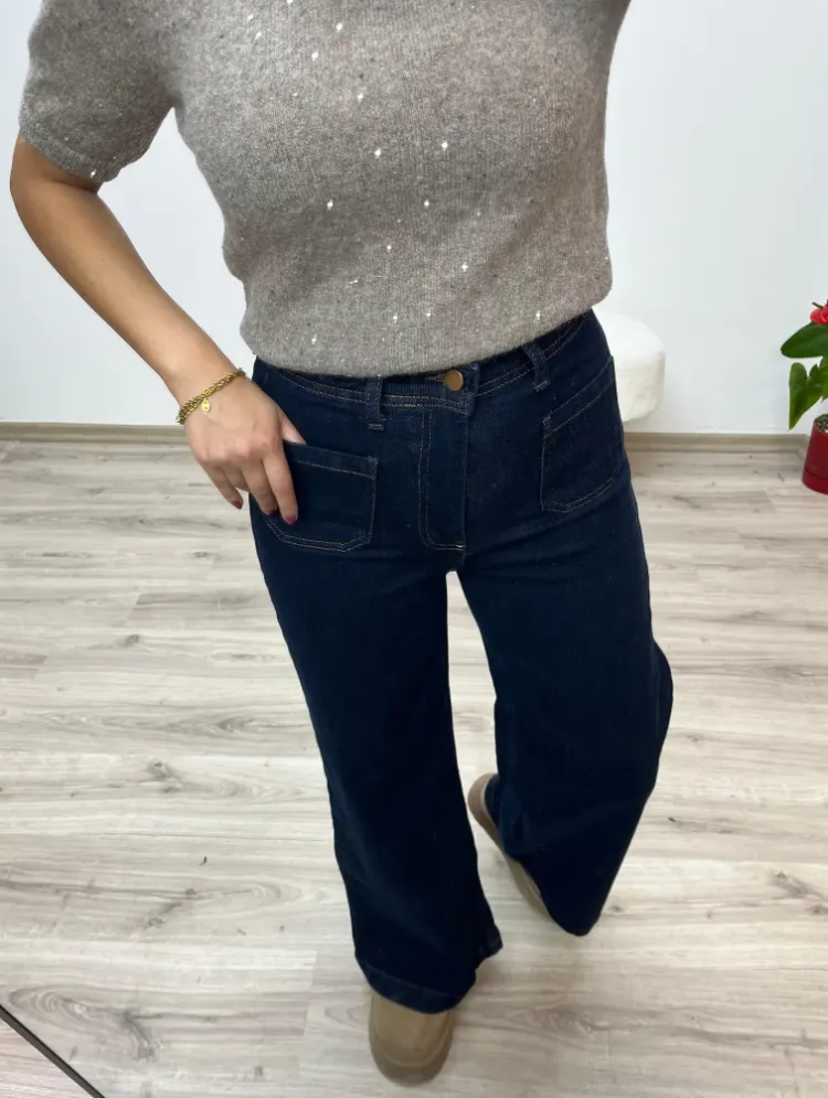 Bol Paça Yüksek Bel Denim Pantolon - KOYU MAVİ