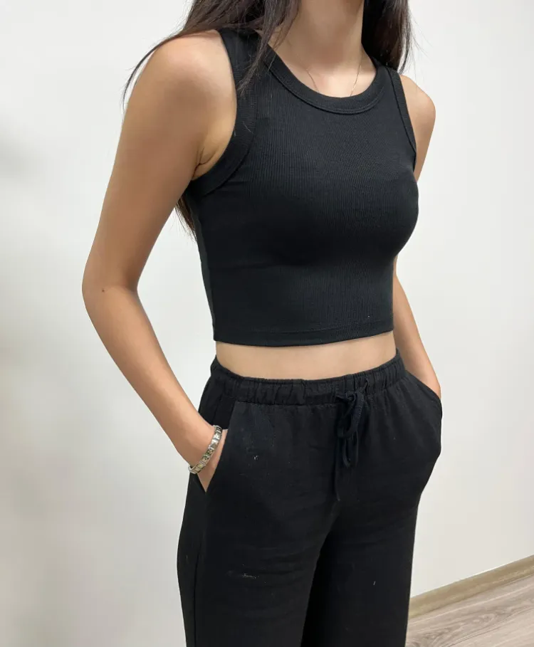 Pamuklu Ribana Crop Atlet - SİYAH