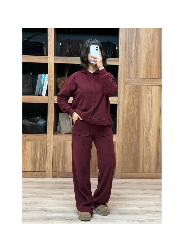 Önü Kısa Arkası Uzun Kapşonlu Pantolonlu Selanik Takım - BORDO