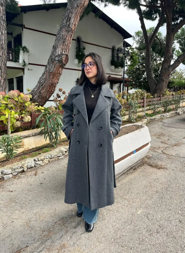 Çift Düğmeli Kemerli Kaşe Kaban - GRİ